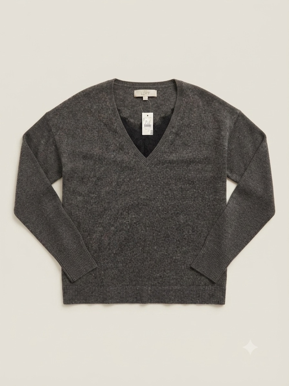 LOFT Grey V-Neck Sweater Women's Size Small Black Lace Trim NWT Soft Long Sleeve